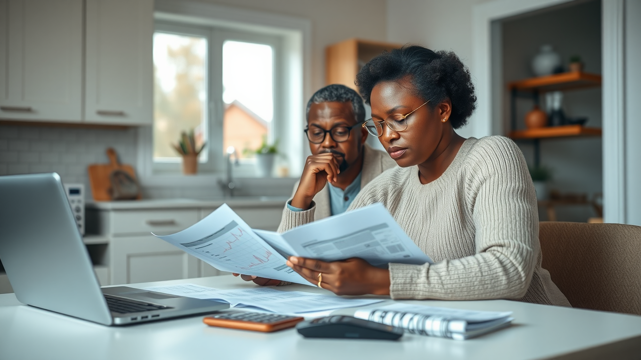 Stark financial planning scene with thoughtful Black couple reviewing documents and bills related to long term care with whole life insurance