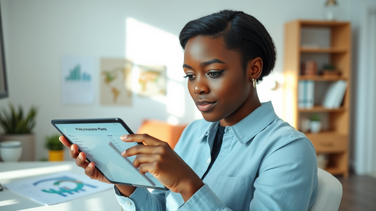 Diverse Black policyholder selecting insurance plans for long term care with whole life on a digital tablet