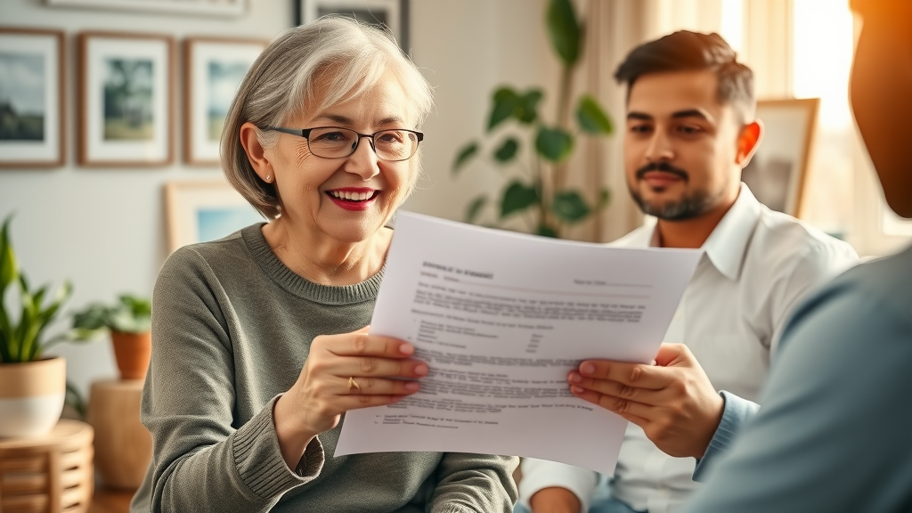 Optimistic Black senior policyholder reviewing approved insurance documents for long term care with whole life